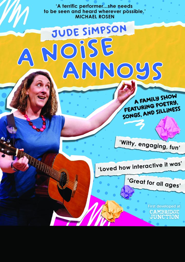 A book cover titled "A Noise Annoys" by Jude Simpson, featuring bold typography and a colorful abstract background