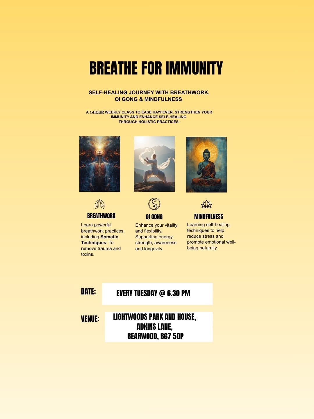 Flyer promoting breathing exercises to enhance immunity, featuring calming visuals and informative text on health benefits.